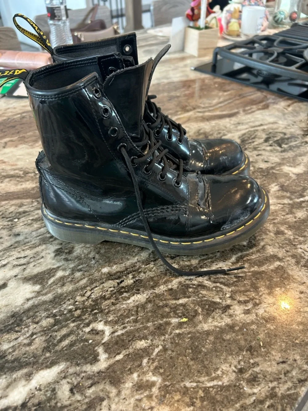 Dr. Martens Black Patent Combat Boots size tag faded 8? Have wear cracking punk - Picture 2 of 16